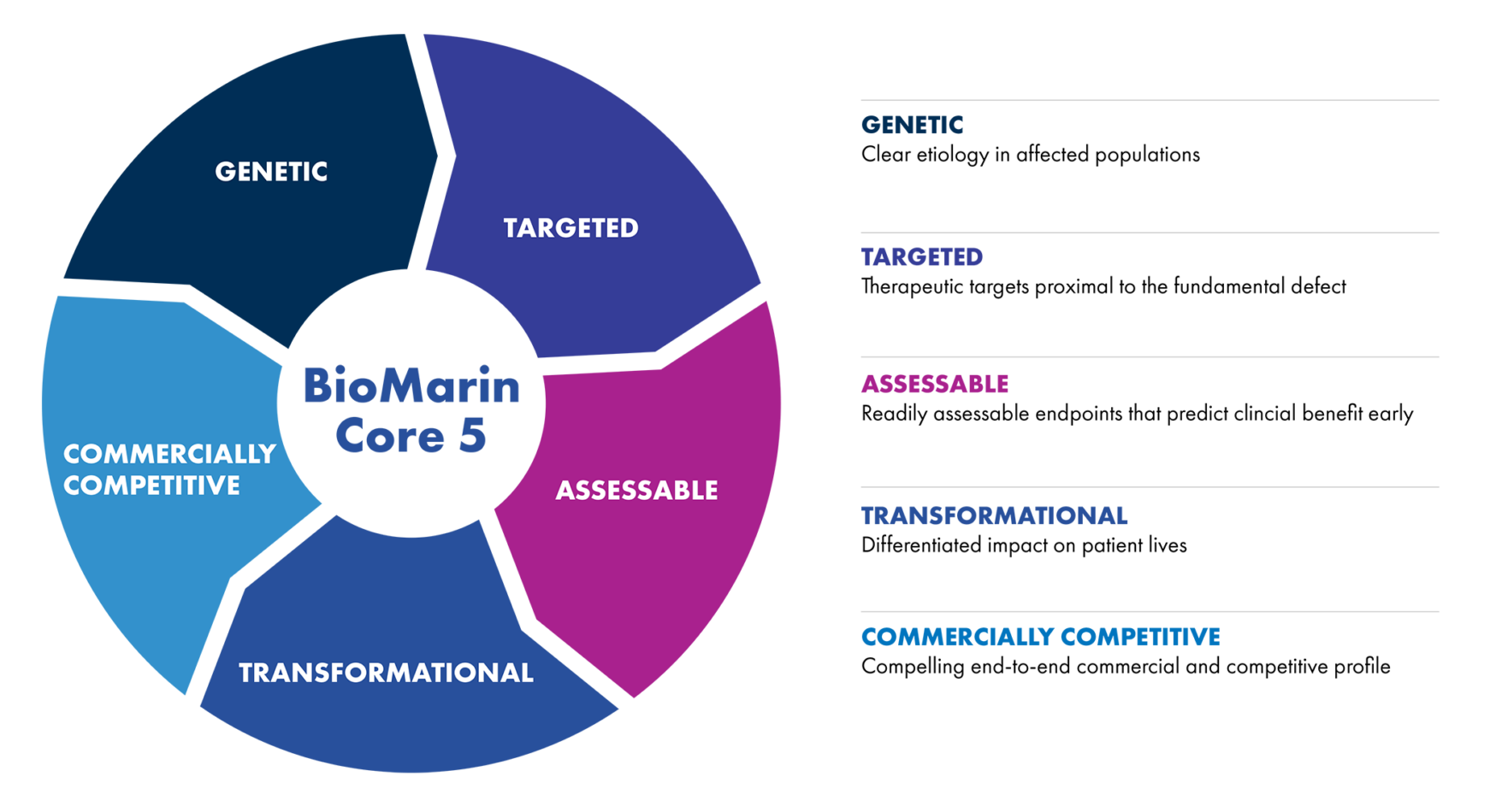 BioMarin's Core 5 pillars that guide the companies pursuit of new therapies: Genetic, Targeted, Assessable, Transformational, and Commercially Competitive.